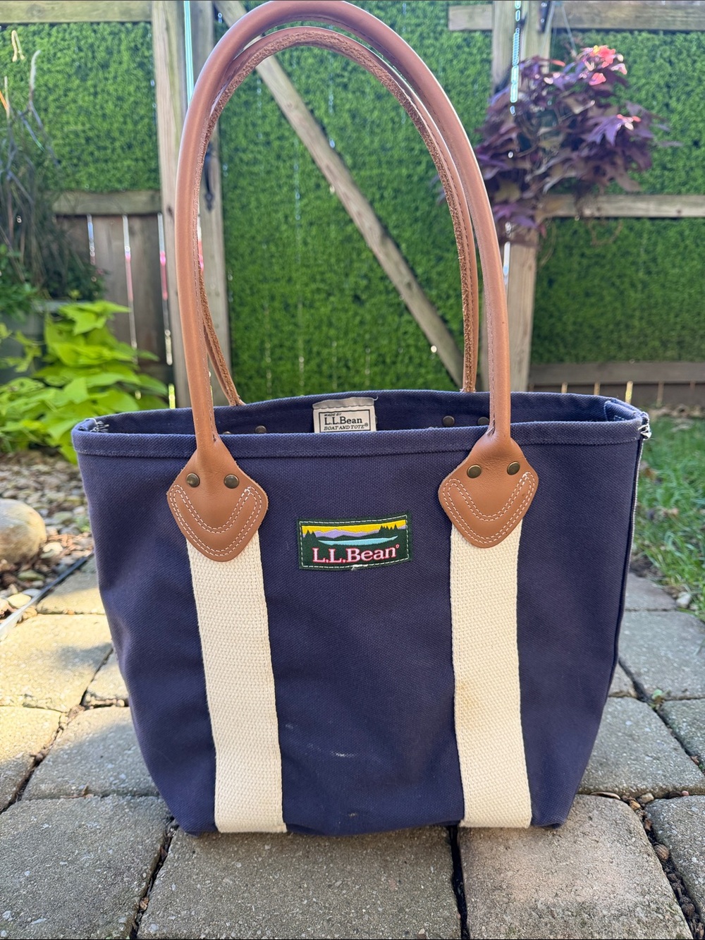 L.L. Bean Navy Canvas Tote With Leather Handles